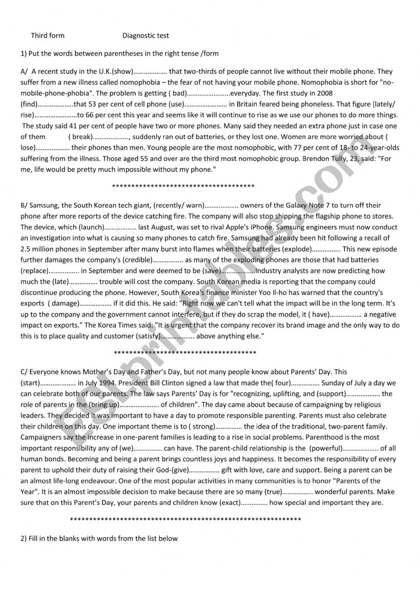 diagnostic test worksheet