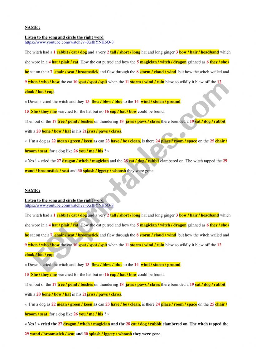 the Room on the Broom song worksheet