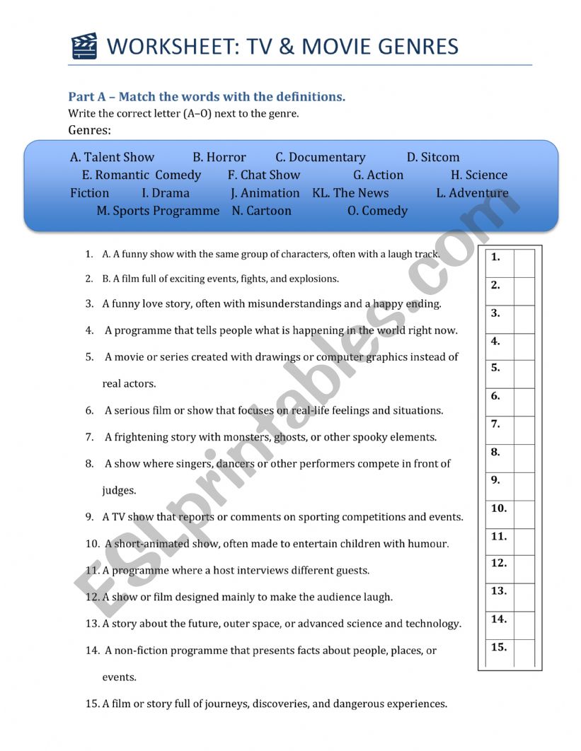 tv and movie genres worksheet