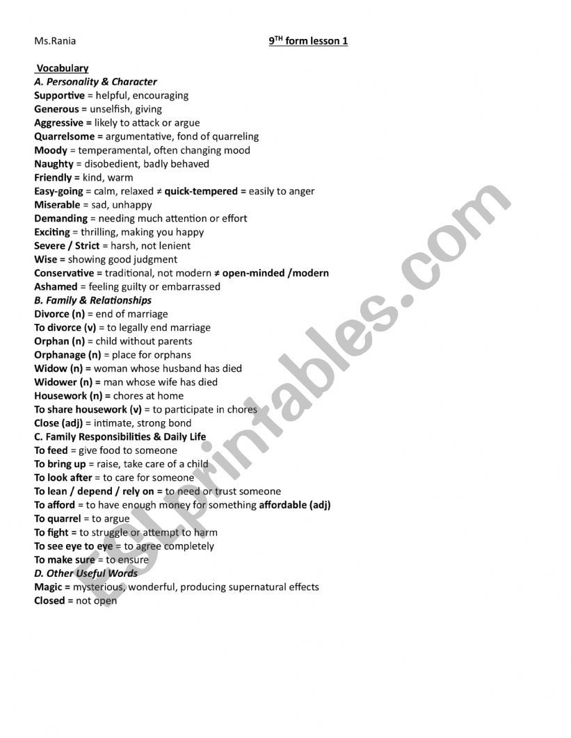 9th form module 1 lesson 1 vocabulary