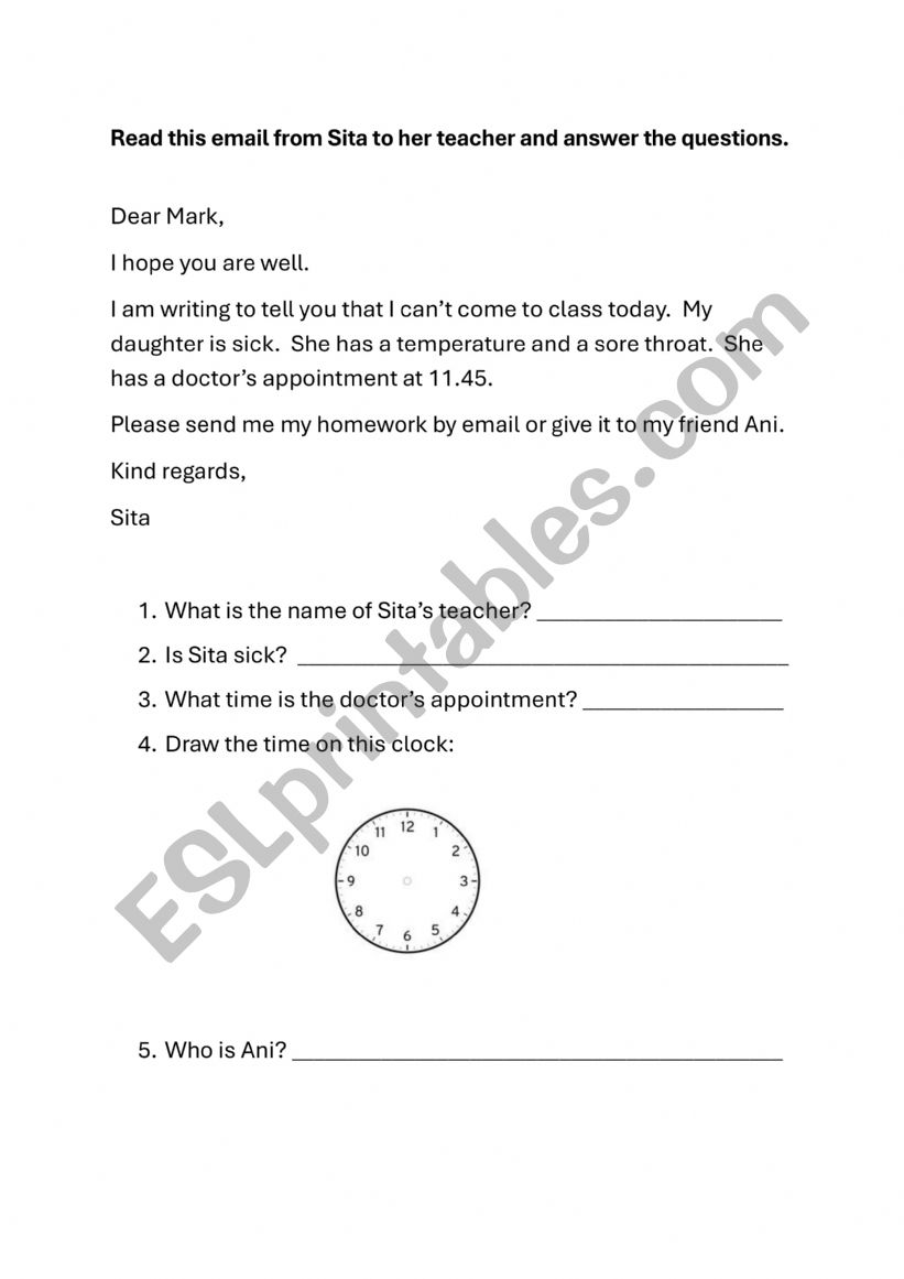 Email about Missing Class worksheet