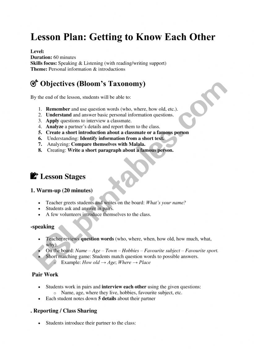 lesson plan  / Lesson 1   first form
