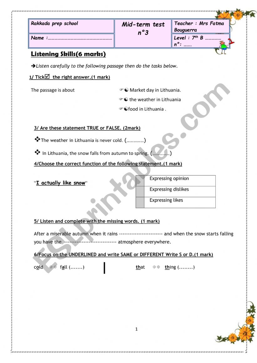 mid term testn 3 7TH form worksheet