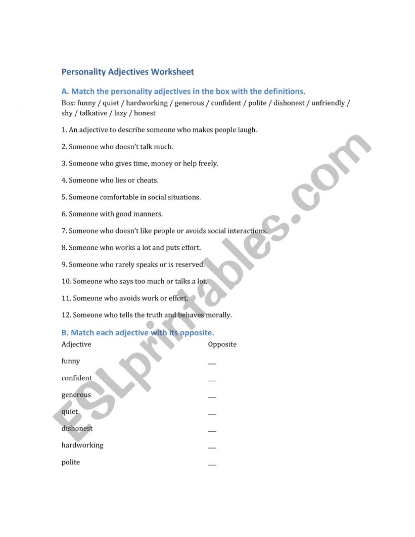 describe personality worksheet