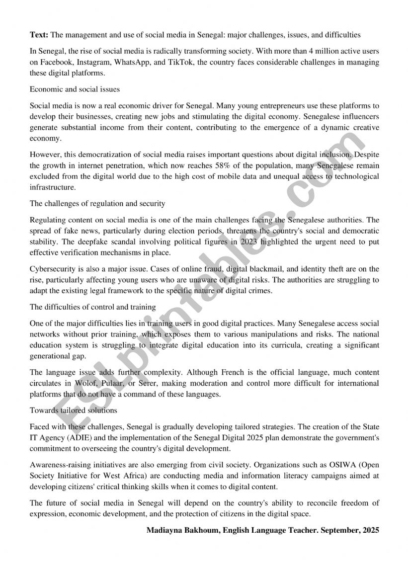 social media use in Senegal worksheet