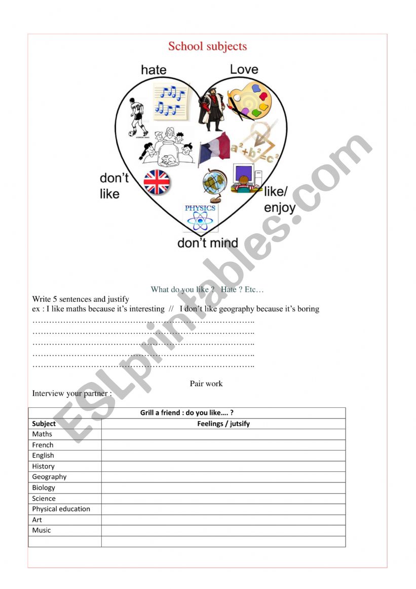 Pair work: school subjects  worksheet