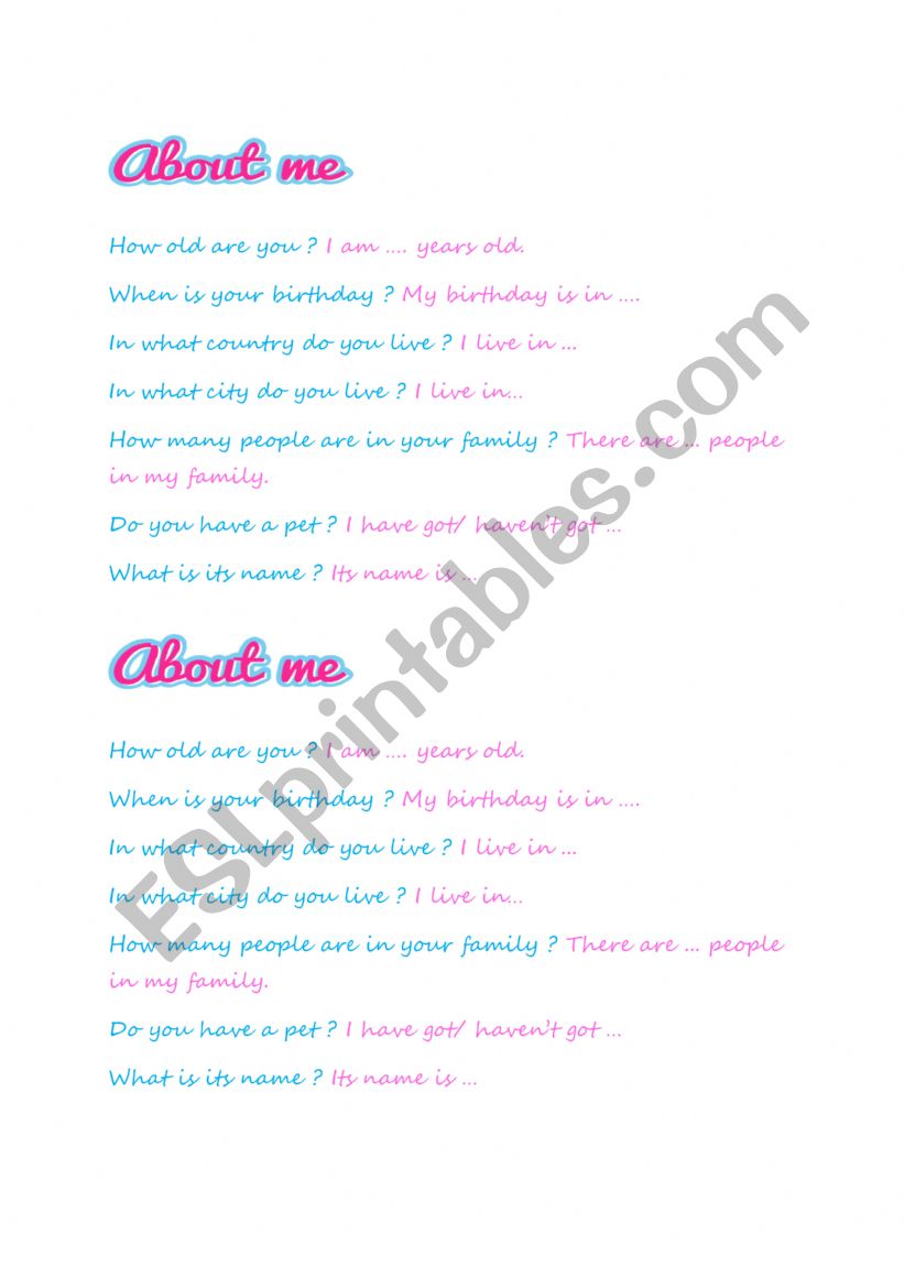 about me  worksheet