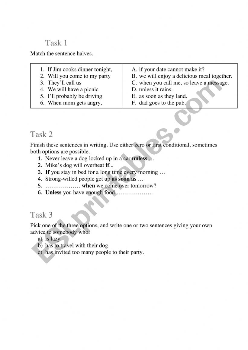  zero and first conditionals worksheet