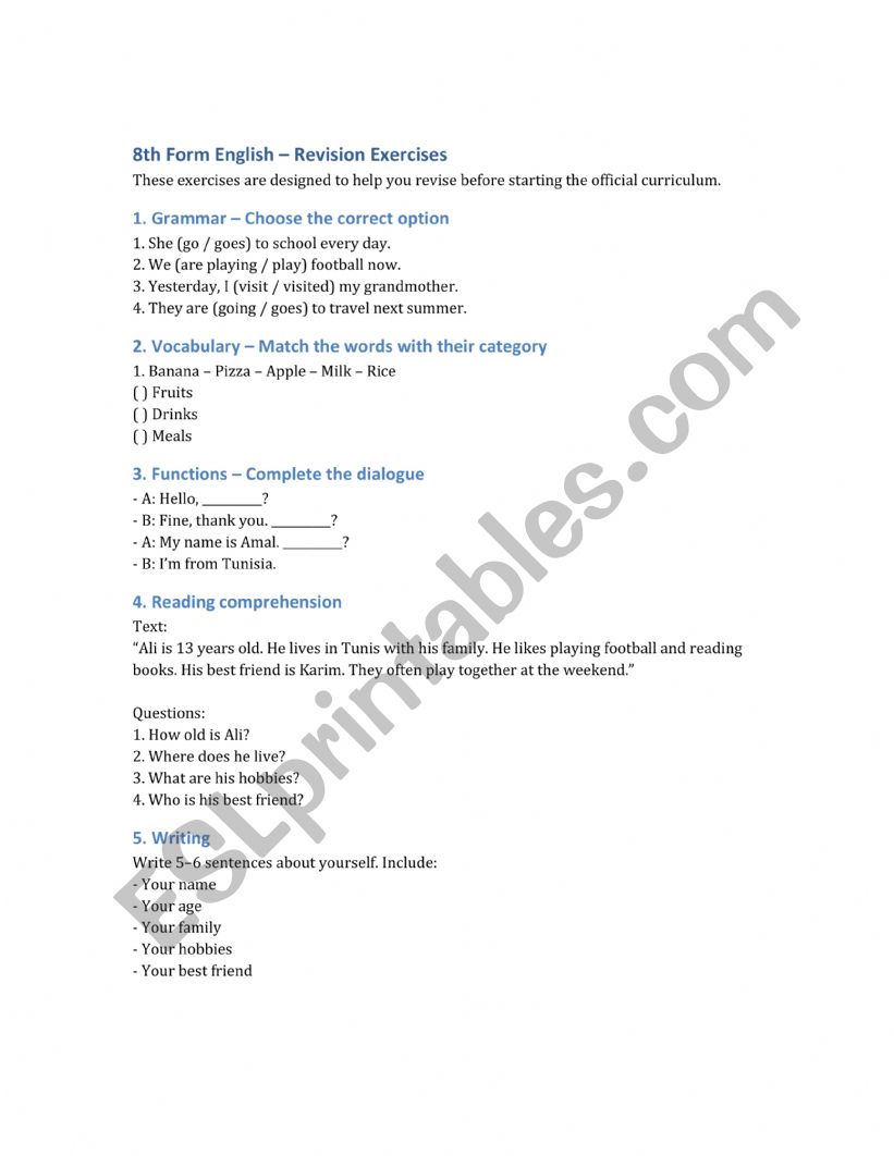 Revision exercices for 8th form students