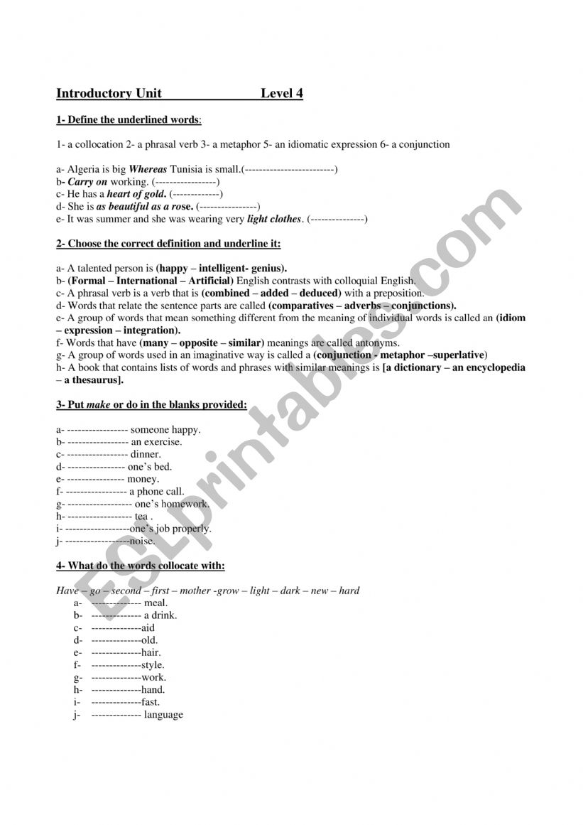 Jntroductory unit  worksheet