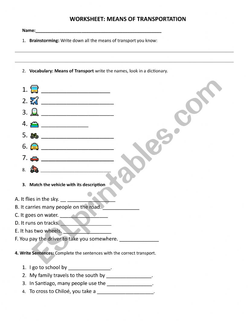 Means of transportation worksheet