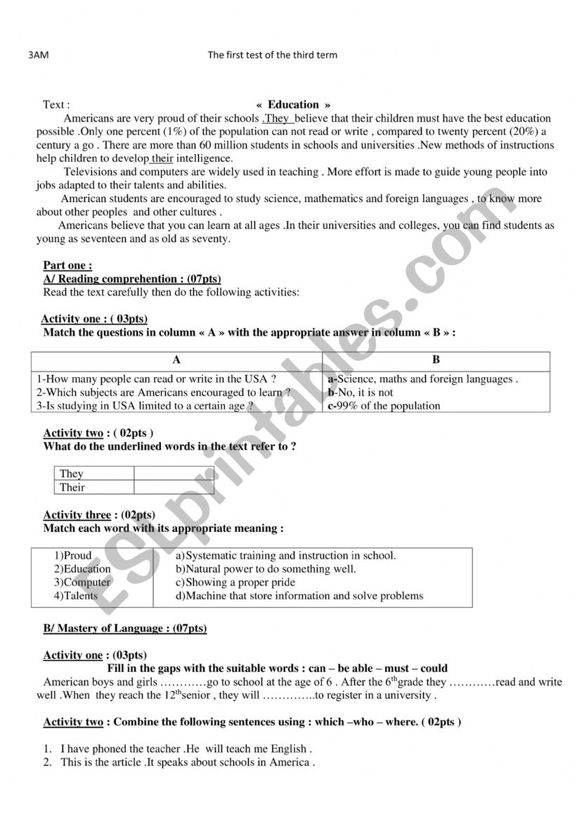 Education worksheet