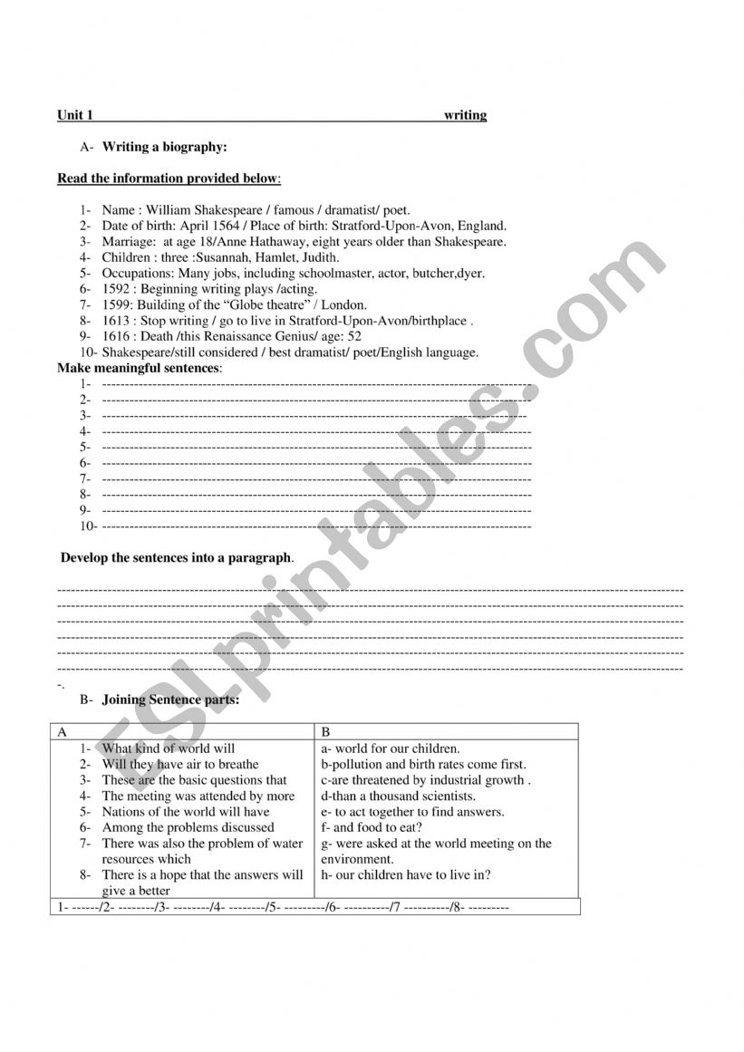 writng worksheet