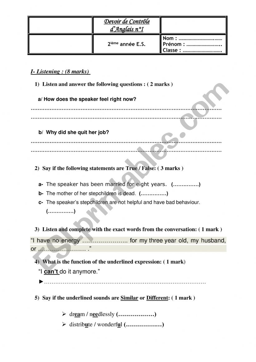 STEPMUM TEST worksheet