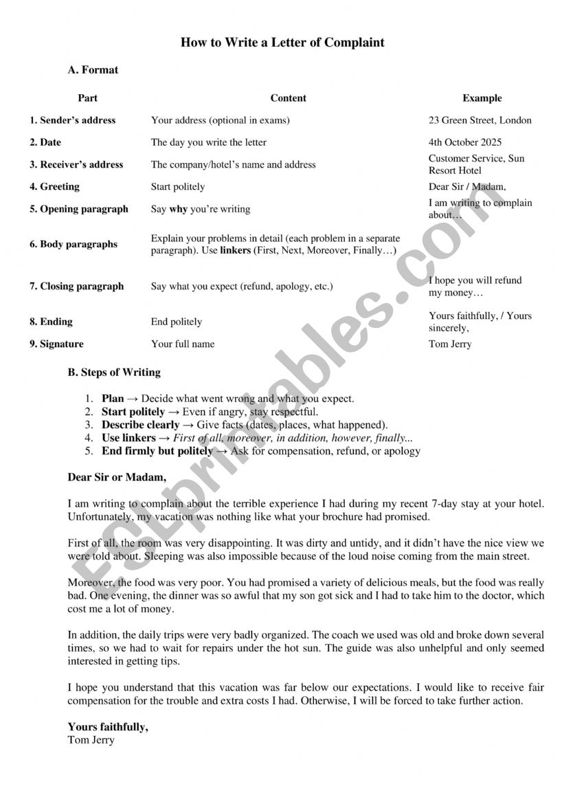 letter of complaint about a spoiled holiday