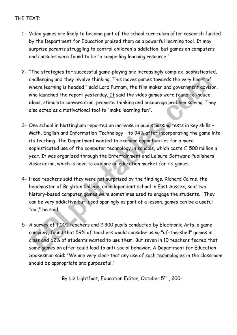 reading worksheet