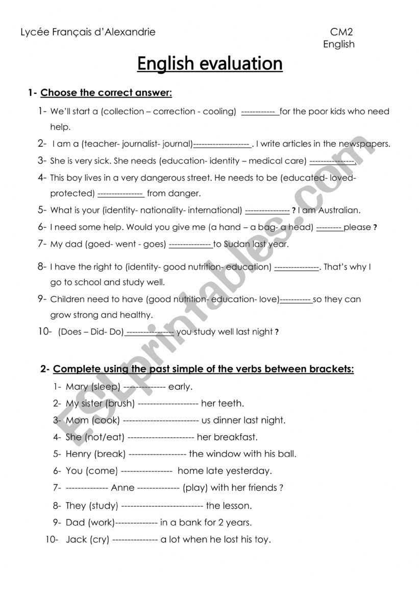 Evaluation  worksheet
