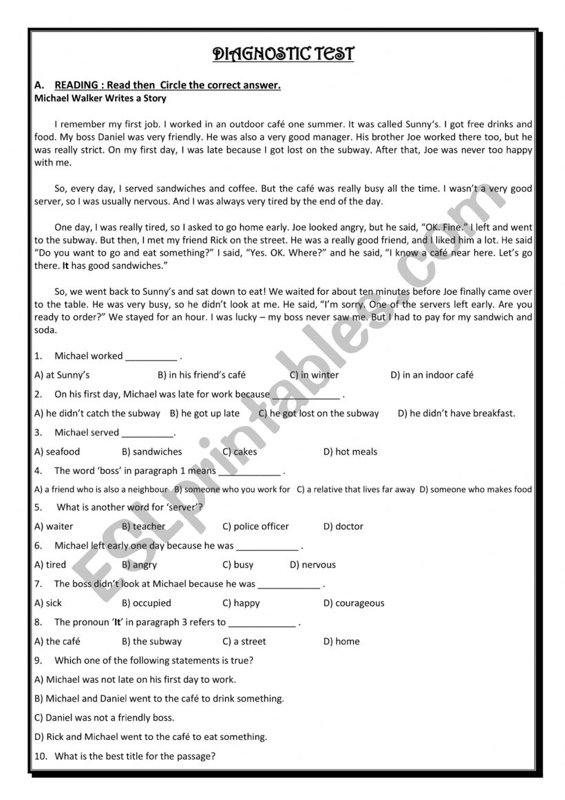 DIAGNOSTIC TEST  worksheet