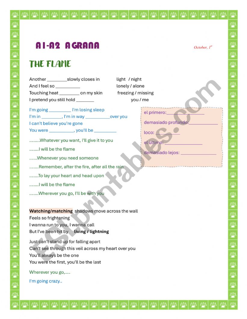 THE FLAME worksheet