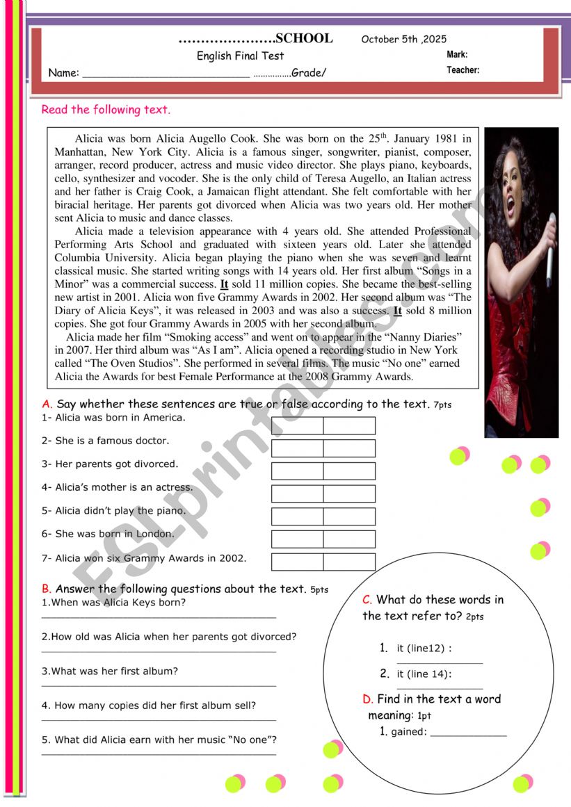 Reading and Writing Test  worksheet