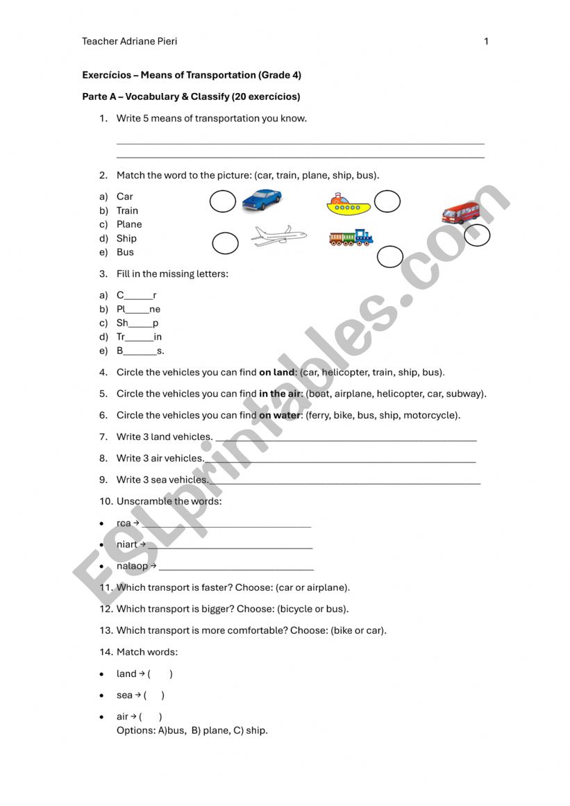MEANS OF TRANSPORTATION worksheet
