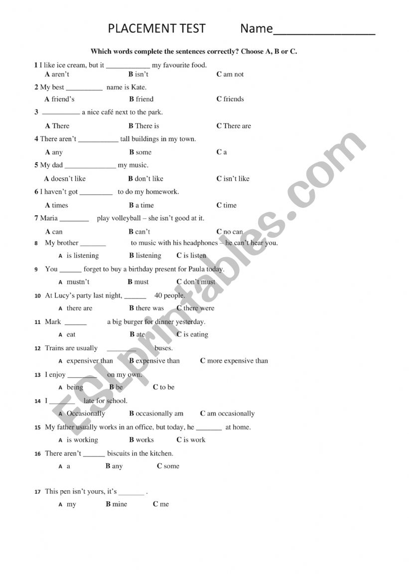 PLACEMENT TEST MULTIPLE CHOICE TEST