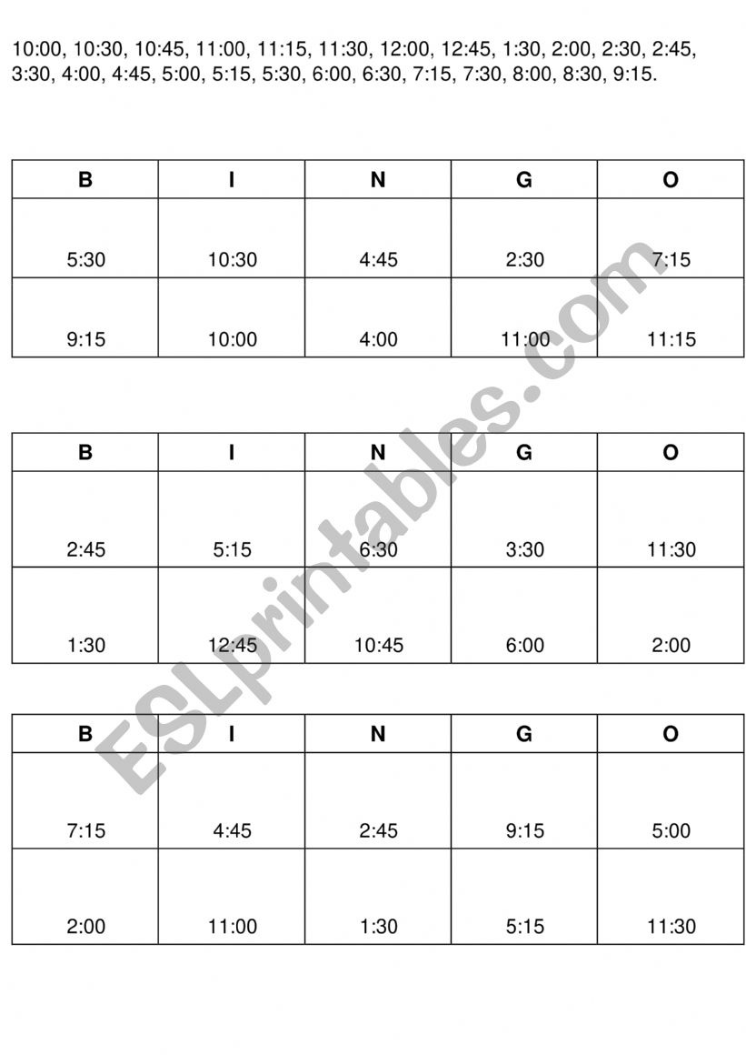 Time Bingo worksheet