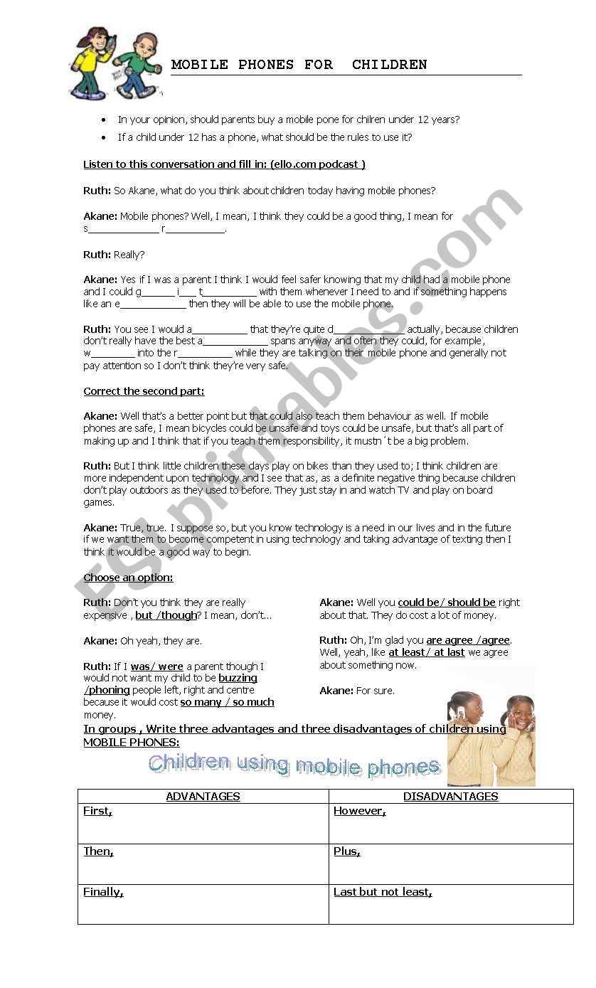 CELL PHONES FOR CHILDREN worksheet