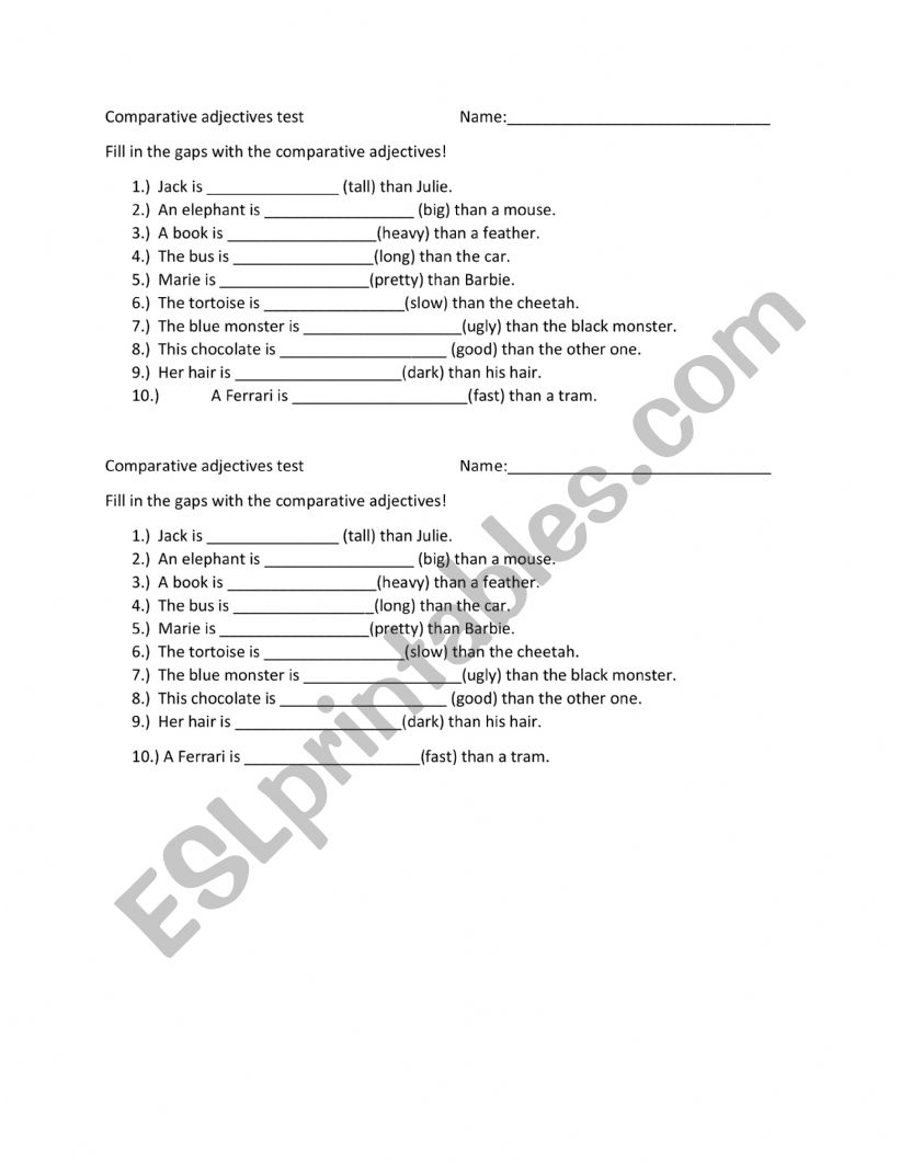 Comparatives� short test worksheet