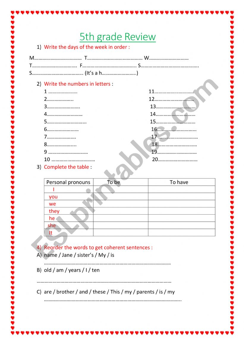 5th grade review  worksheet
