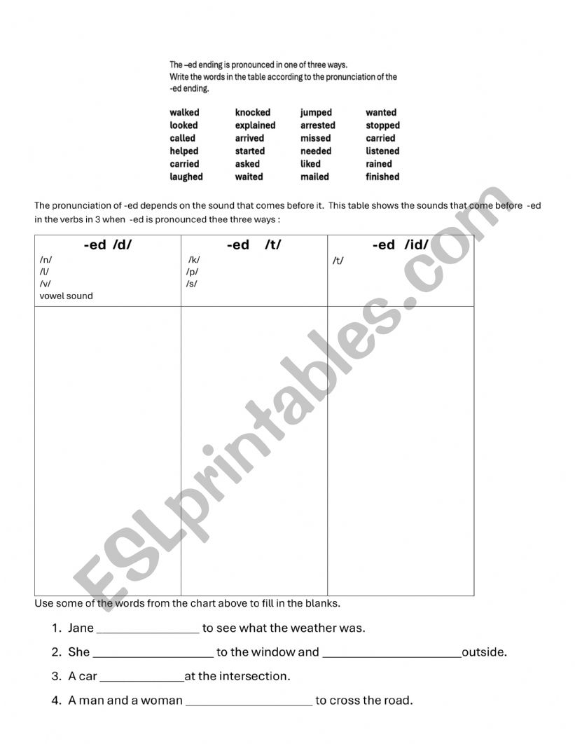 -ed pronounciation  worksheet