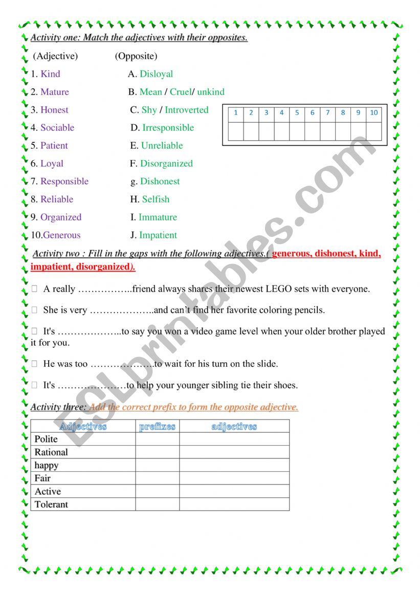 Describing personality worksheet