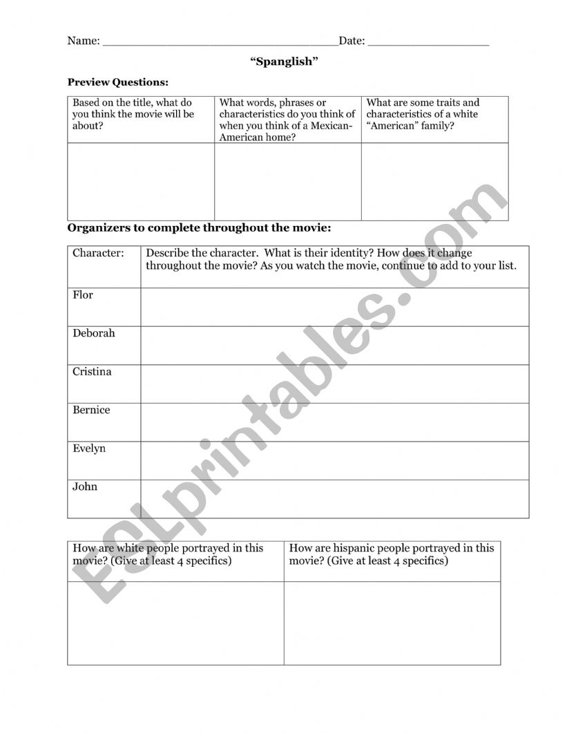 spanglish movie questions worksheet