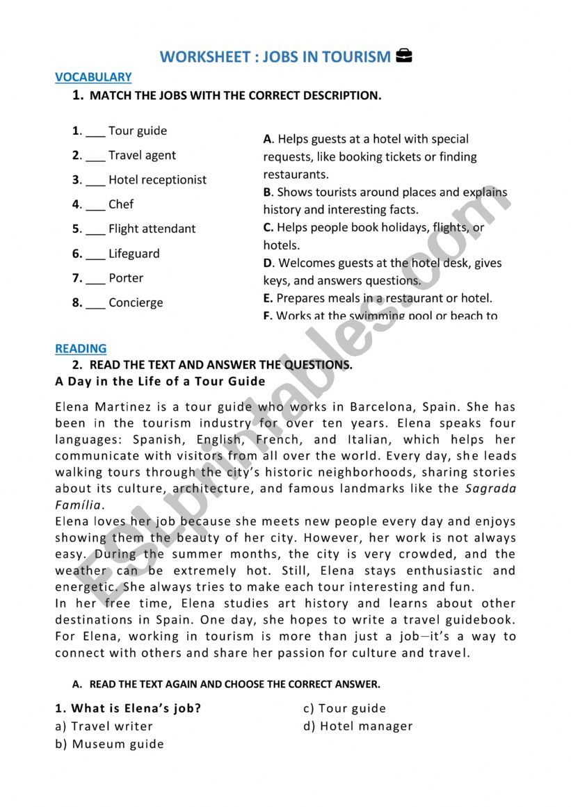 JOBS IN TOURISM worksheet