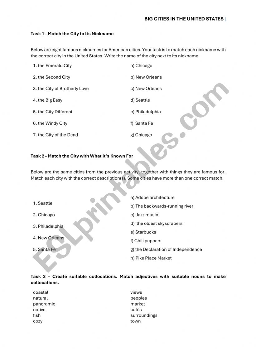 Big Cities in the USA worksheet
