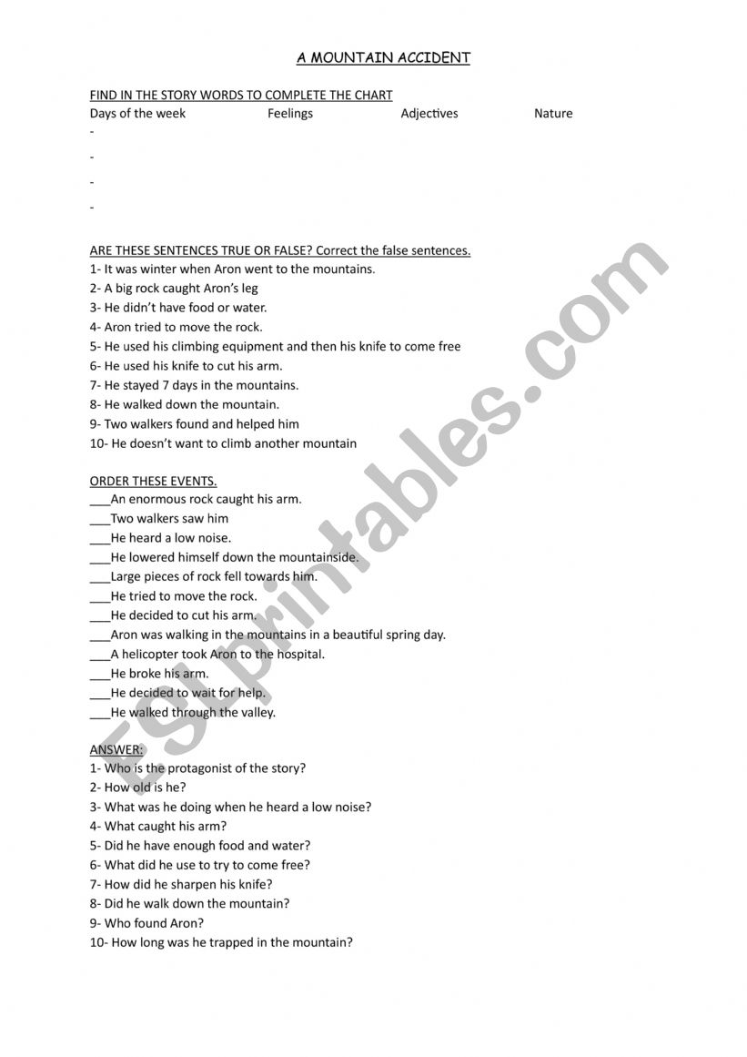 A Mountain Accident worksheet