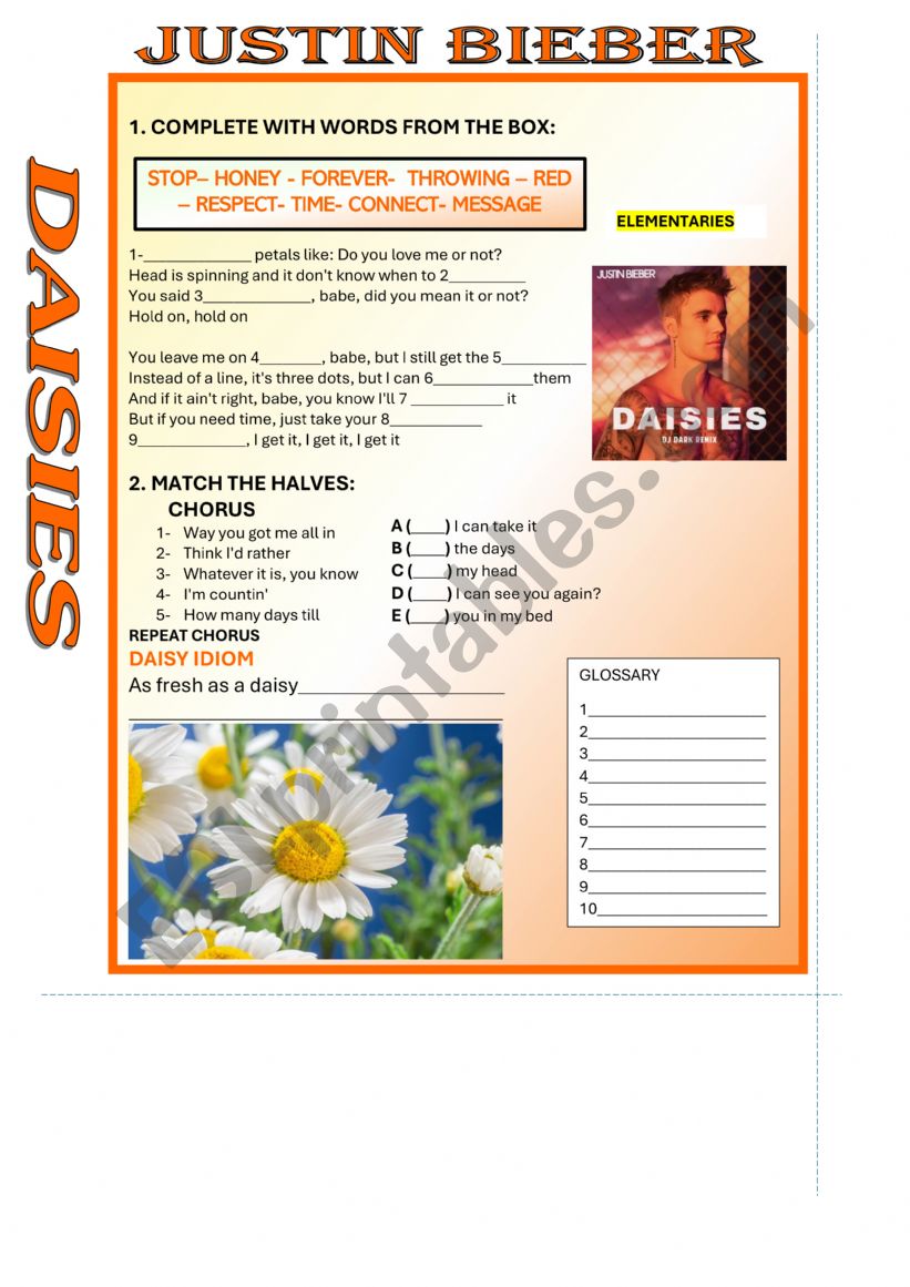 DAISIES JUSTIN BIEBER worksheet