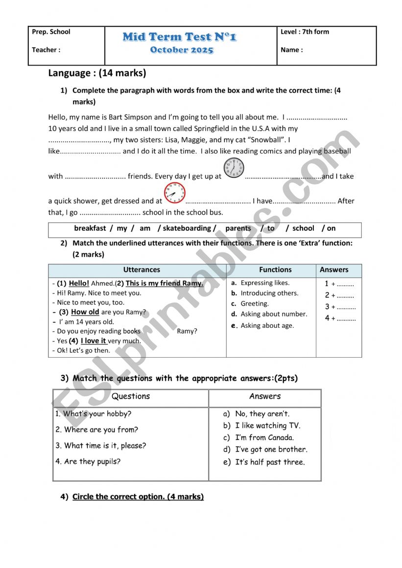 7th form mid term test N1 worksheet