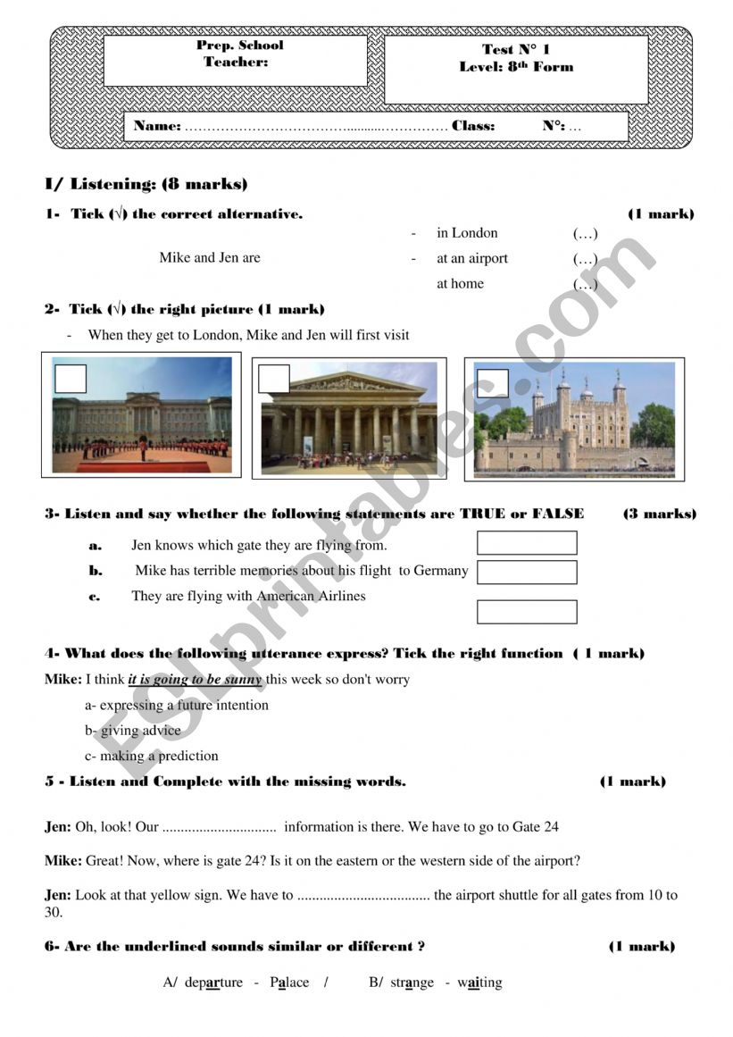 8th form mid term test N1 worksheet