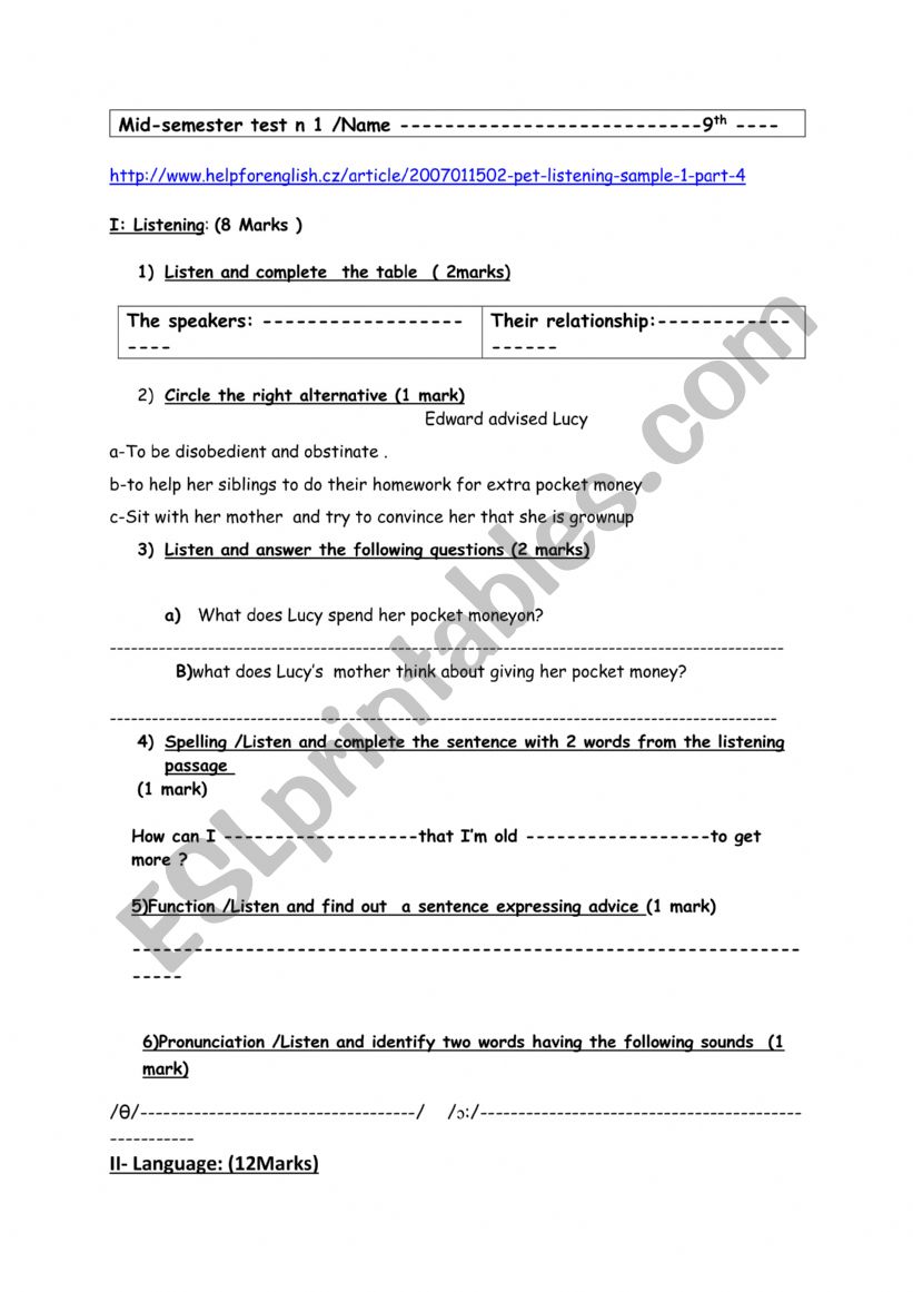 9th Form Mid term test N 1 worksheet