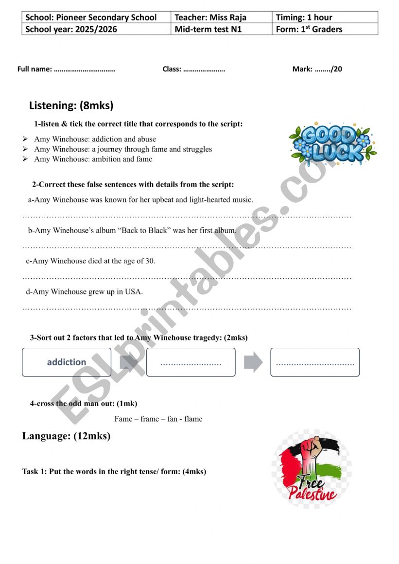 Mid-term Test 1 st Form worksheet