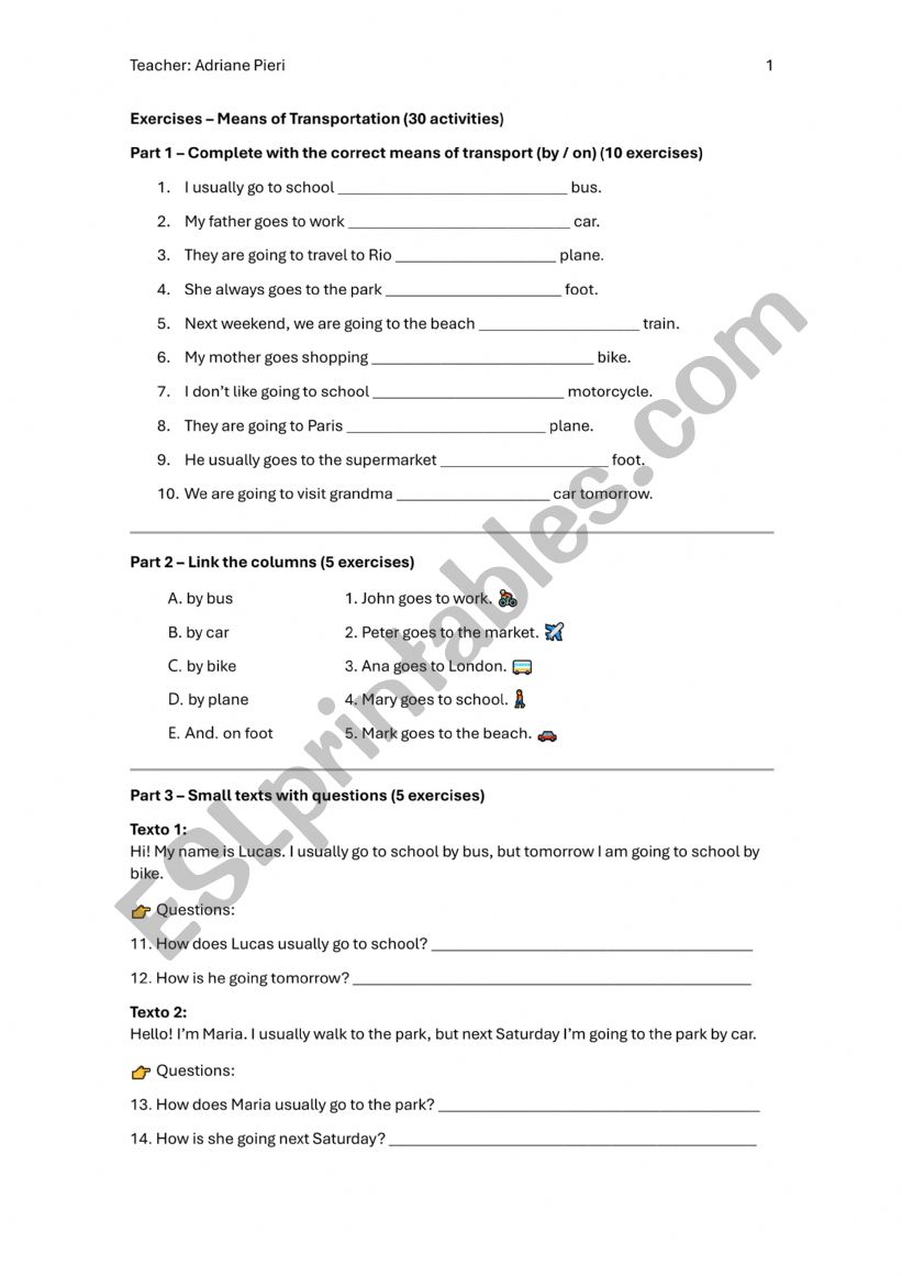 MEANS OF TRANSPORTATION worksheet