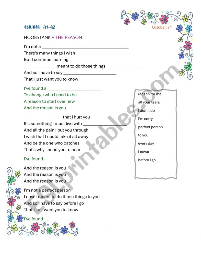 SONG THE REASON worksheet