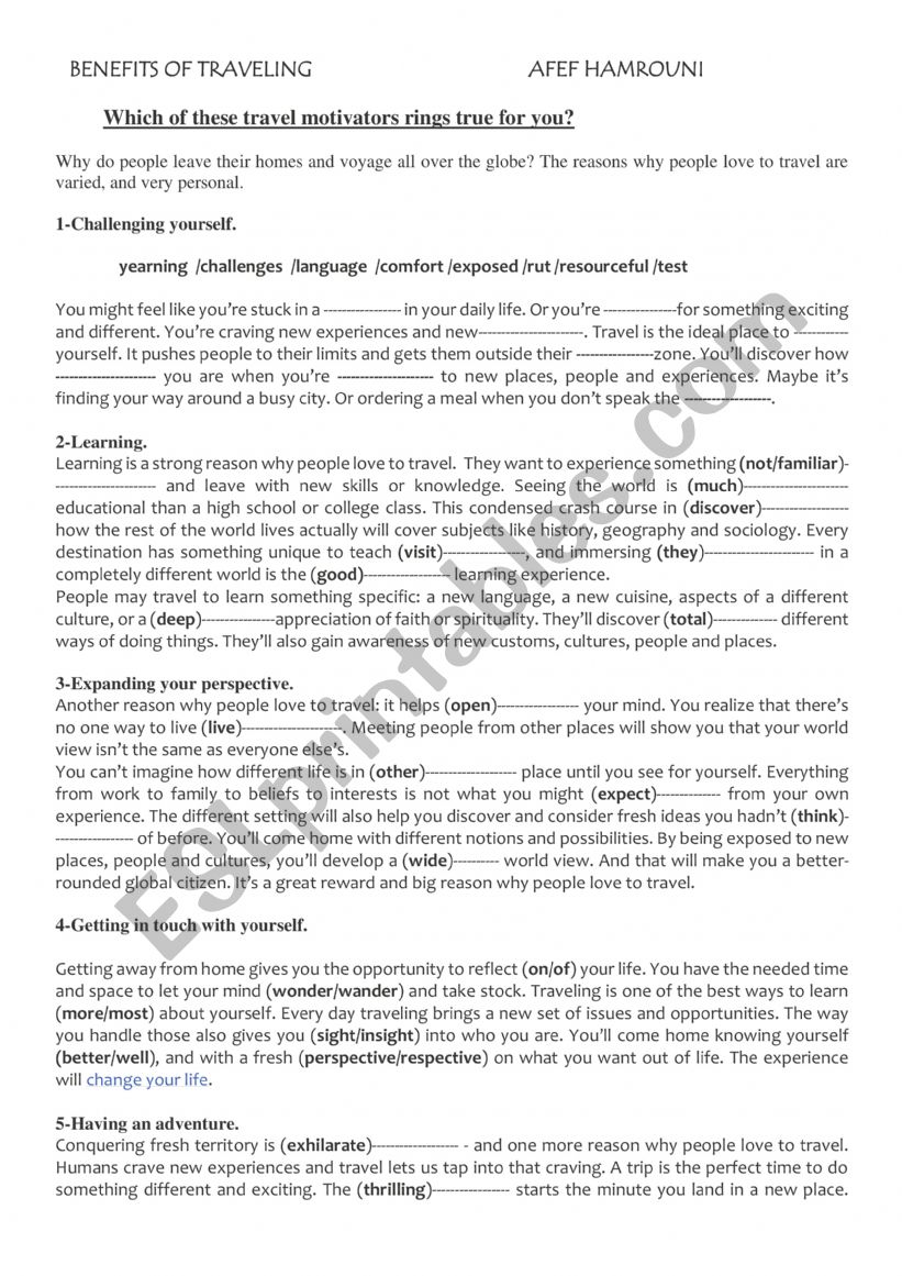 benefits of traveling worksheet