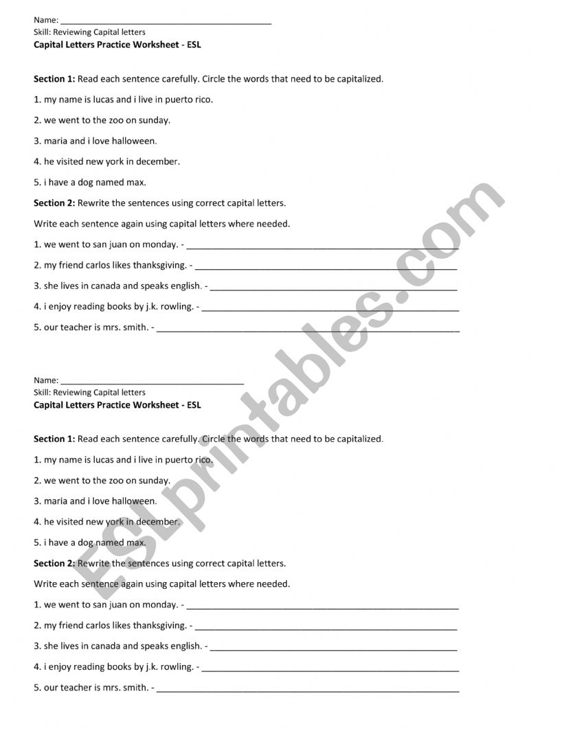Capitalization worksheet