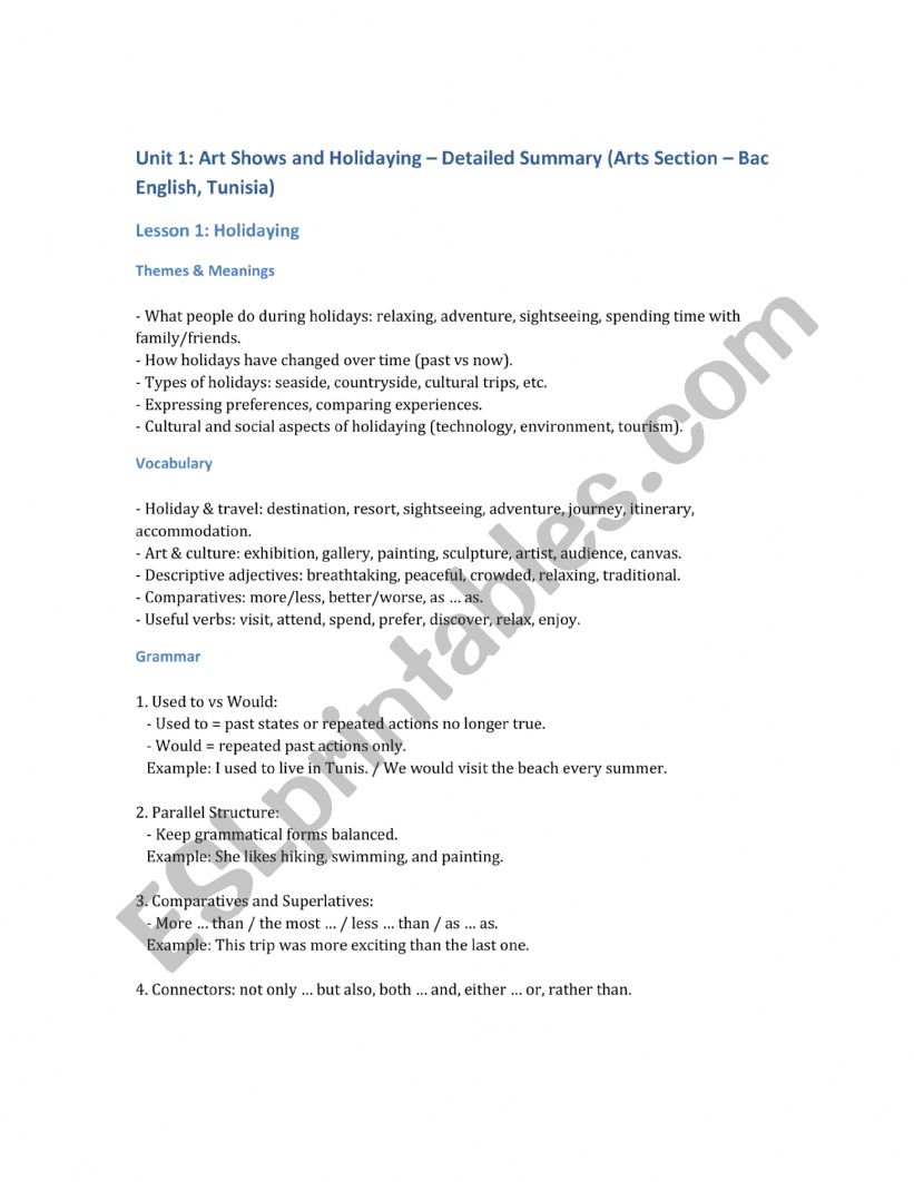 Here is summary for lesson 1,2 and 3 for bac  arts section 