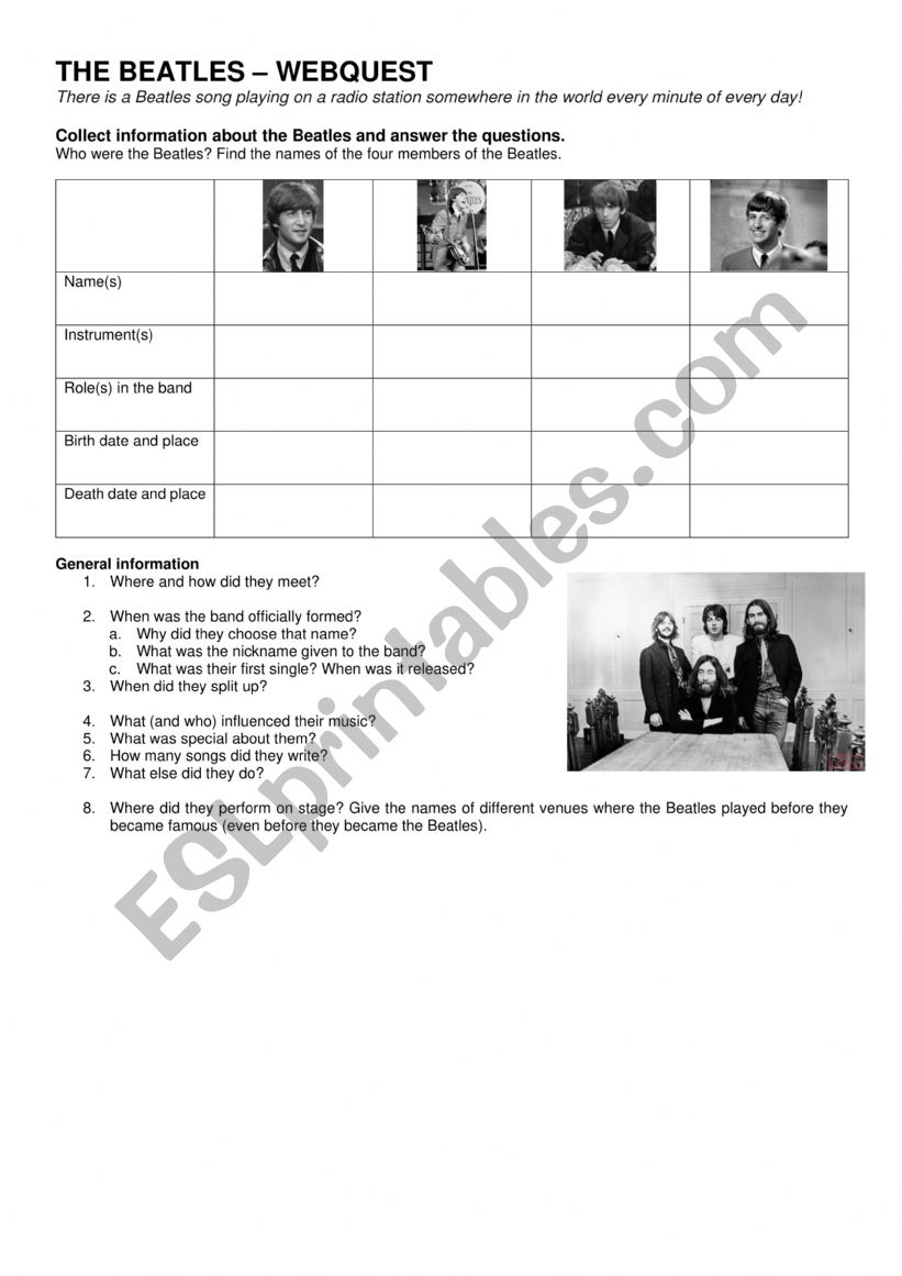 The Beatles webquest-part 1 worksheet