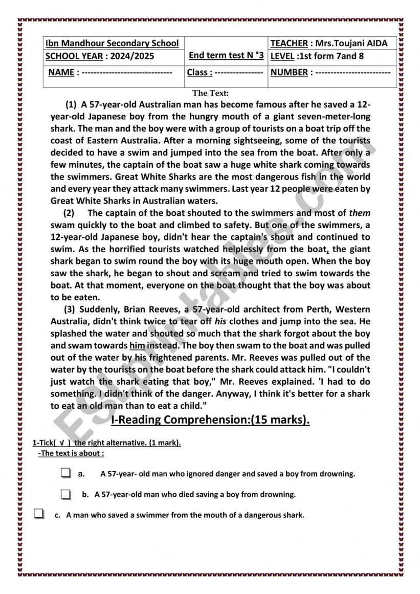 End term test3  1st form worksheet
