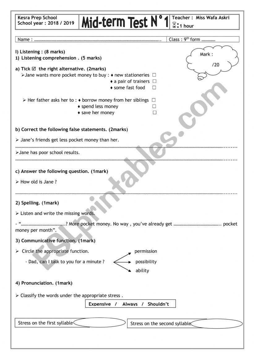 9TH FORM MID TERM TEST N1 worksheet