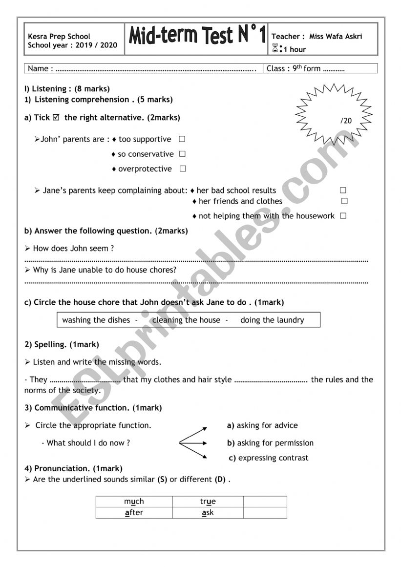 mid term test n1 9th form worksheet